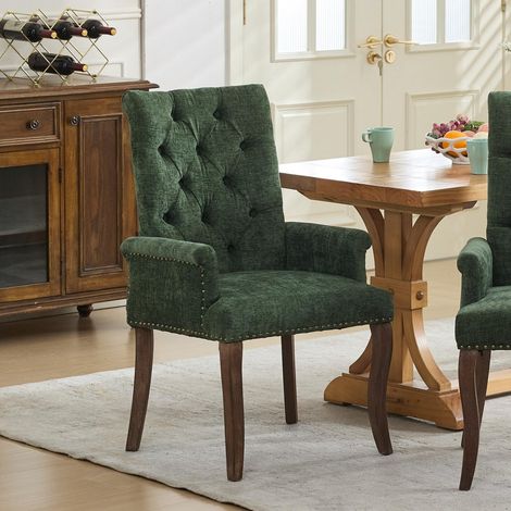 Chaise d’appoint style club vert olive chenille avec accoudoirs, pieds bois massif courbés dimensions 69x57x100,5 cm pour salle à manger (1/5)