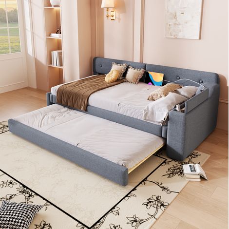 DESVIAE Canapé lit daybed 90 x 200 cm avec sommier à lattes lit gigogne extensible ports USB et Type C rangement à rabat en lin gris pour chambre chambre d amis et espace polyvalent (1/5)