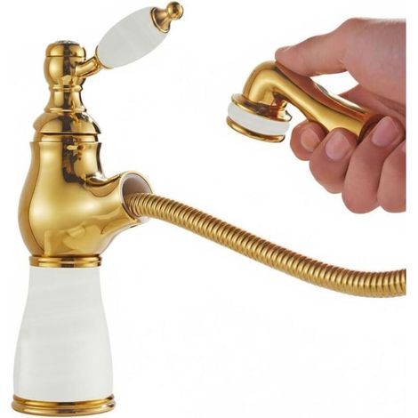 Robinet de lavabo monotrou à montage sur plage avec douchette extractible et poignée unique, robinet d'eau chaude et à eau froideo (Blanc, Or A Court) (1/5)