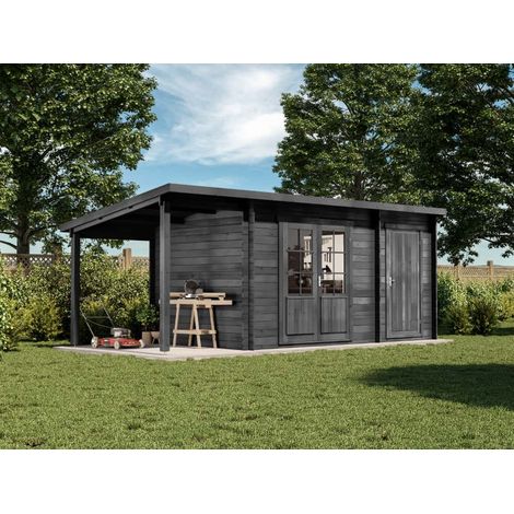 Alpholz Pultdach Gartenhaus Maria mit Anbau & Schleppdach Gartenhaus aus Holz in Grau, Holzhaus mit 28 mm Wandstärke inklusive Schleppdach, Blockbohlenhaus mit Montagematerial Imprägniert Grau (1/5)