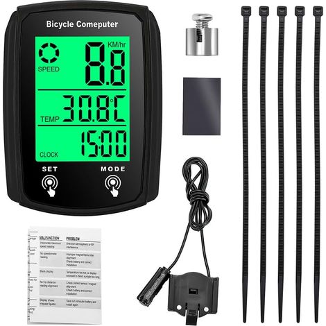 Ciclocomputador con 19 funciones, velocímetro impermeable con pantalla retroiluminada y alarma automática, con cable para principiantes. (1/5)