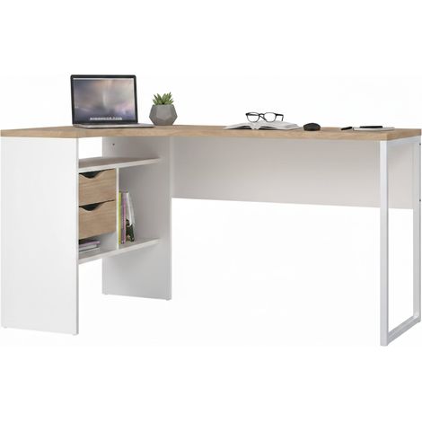 Dmora - Schreibtisch Patience, Mehrzweckschreibtisch, Bürotisch für PC, Eckschreibtisch, 145x81 h77 cm, Weiß und Eiche