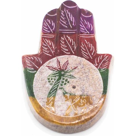 Porte-encens Hamsa en pierre stéatite 9x6cm - Éléphant et palmier- Vendu par 1 (1/4)
