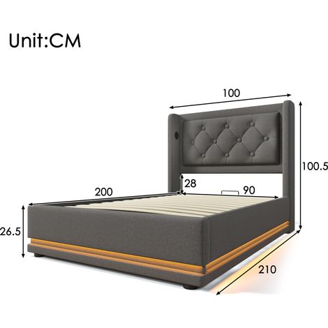 Lit 1 place capitonné 90x200 cm, housse coton gris, sommier coffre relevable hydraulique, tête de lit matelassée avec port USB-C, éclairage LED 3 côtés (sans matelas) (1/5)