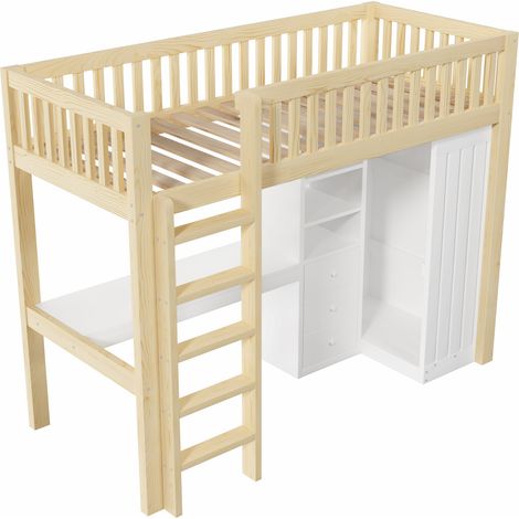 Cama alta 90 x 200 cm con escritorio, armario, 3 cajones y escalera, pino y MDF, natural (1/5)