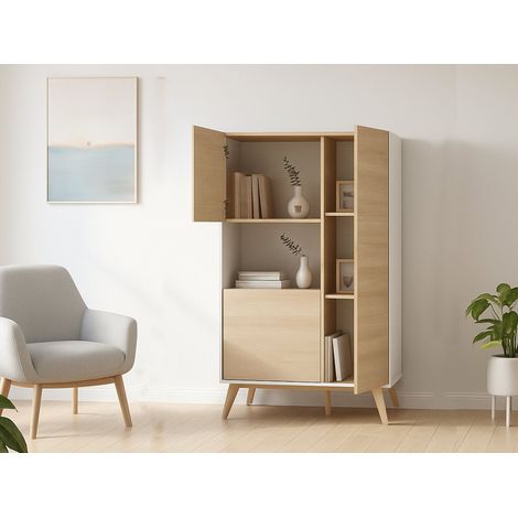 Dmora - Credenza Crono, Buffet alto da soggiorno, Madia moderna da salotto a 3 ante, 81x43h135 cm, Rovere e Bianco