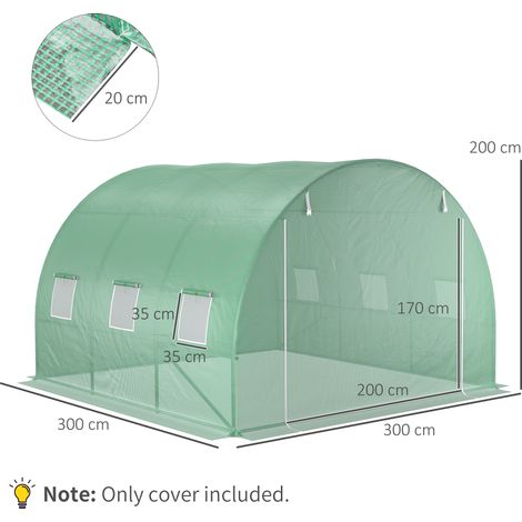 Bâche de rechange pour serre tunnel de jardin 9 m², dimensions 3 m (L) x 3 m (l) x 2 m (H), en PE imperméable et anti-UV, 6 fenêtres + porte zippée enroulable, verte (1/5)
