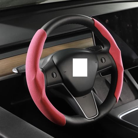 Housse de volant en daim rouge, sur mesure, compatible avec Tesla Model 3 Y (2017-2022-2023). Antidérapante et respirante. Accessoire auto. (1/5)