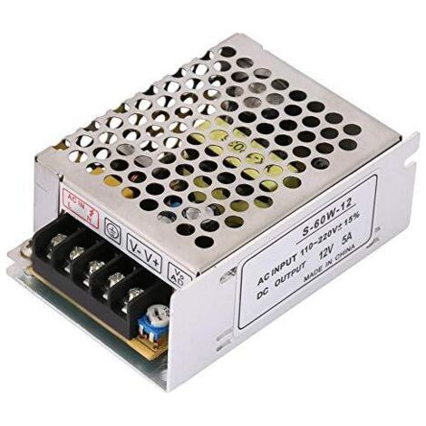 Alimentation à découpage 60W 5A – Tension d'entrée 110-220V AC – Tension de sortie 12V DC – Protection contre surtensions et surcharges