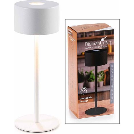 Diamantina, lampe de table LED en métal blanc, allumage par simple toucher, rechargeable avec câble USB inclus, diam. 9 cm x H. 25 cm
