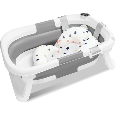 TolleTour Bañera para bebé plegable con termómetro y cojín de baño – bañera plegable para bebé (Gris) (1/5)