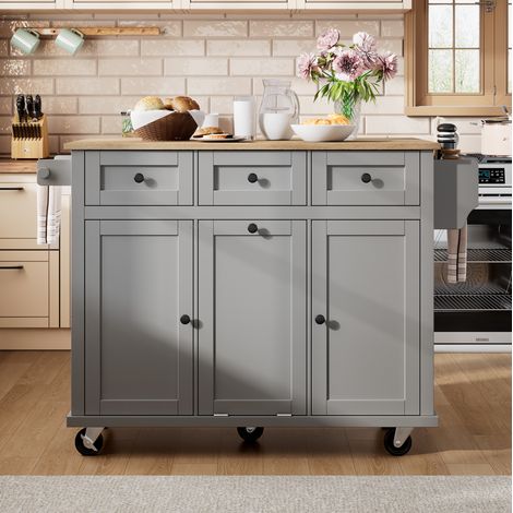 Isola cucina mobile con ruote, piano estraibile e pieghevole, vano per pattumiera e cassetti, grigio (1/5)