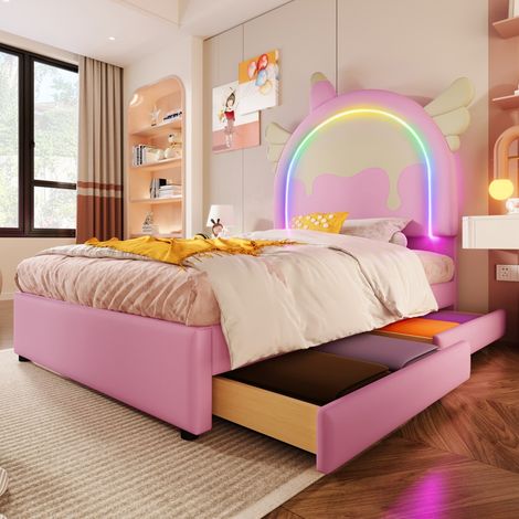 Lit 90x200cm - Lit Simple 90x200 avec Tête de Lit Licorne, Éclairage LED et 2 Tiroirs de Rangement - Structure en PU - Rose (1/5)