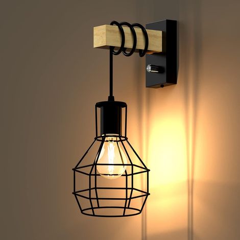 Applique Murale Interieur avec Variateur, Industrielle Métal et Bois Lampe Murale Vintage pour Chambre Salon Restaurant Cuisine Couloir Bar, E27, Noir, 220V
