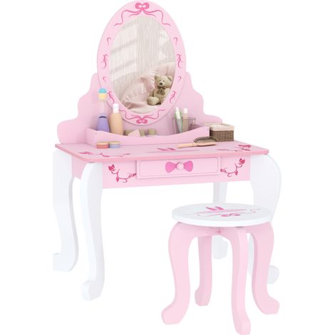 Kids Dressing Table Set, Vanity Table with Stool, Mirror, Drawer, Desktop, Storage, Ballet-Theme, Pink (1/5)