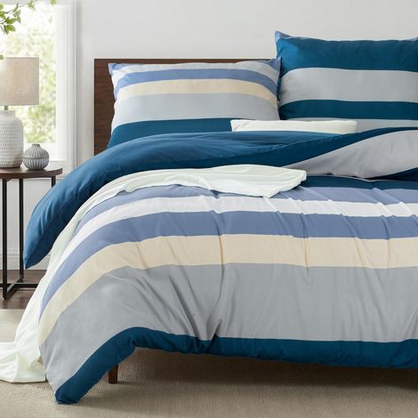 Bettwäsche-Set 155x220cm 3-teilig mit 2 Kissenbezügen 80x80cm, marineblau gestreift