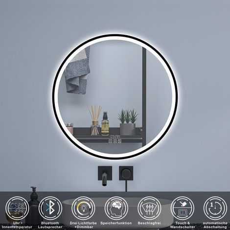 LED Badspiegel Wandspiegel Badezimmerspiegel, Beschlagfrei, Drei Farben Dimmbar, Bluetooth, Uhr 80cm (1/5)