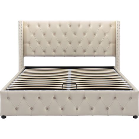 GagaLit rembourre 140x200 cm, velours beige, rangement hydraulique (1/5)