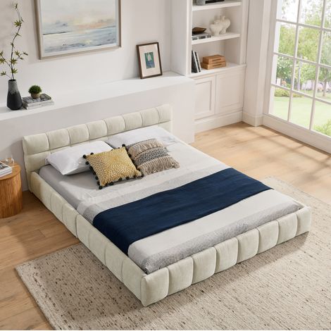 lit adulte 160x200 chenille beige bois fer stable HAVRYA (1/5)