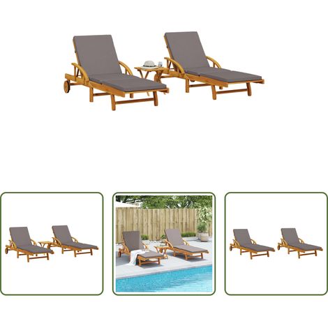 Chaise longue bois acacia - Chaises longues lot de 2 avec table bois massif d'acacia (1/5)