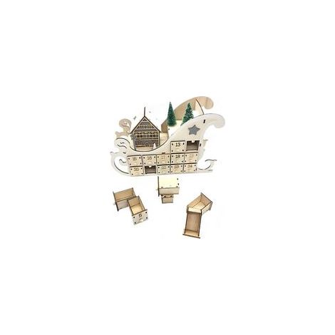 Weihnachts-Adventskalender (Rot/Holzfarben), hölzerner Adventskalender in Schlittenform mit Weihnachtsbaum und 24 leeren Schubladen. Weihnachtskalender mit Countdown bis Weihnachten. (1/5)