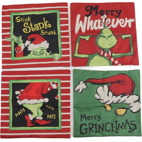 Housse de coussin Noël - 4 pièces motifs cartons verts, housse décorative intérieur extérieur en lin avec fermeture éclair (1/5)