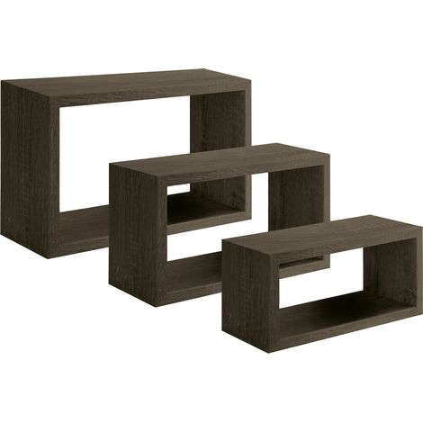 Set 3 Mensole da Parete Rettangolare in Fibra di Legno Trittico Rovere Scuro (1/4)