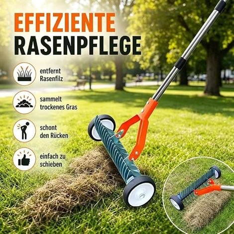 Manual Scarifier with Wheels, Verticutor with Handle 65 mm, Rake Aerator Garden Waste Bag, Adjustable Scarification Rake for Cleaning Dead Lawns and Garden Repair (1/5)