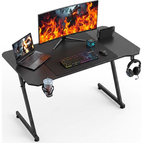 Jiubiaz Scrivania Gaming 120x60 cm a Z, effetto carbonio con portabicchiere e supporto cuffie (1/3)