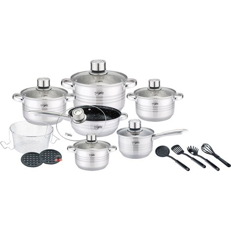 20 teilig 18/10 Edelstahl Kochgeschirr Induktion Kochtopf Topfset Glasdeckel silber