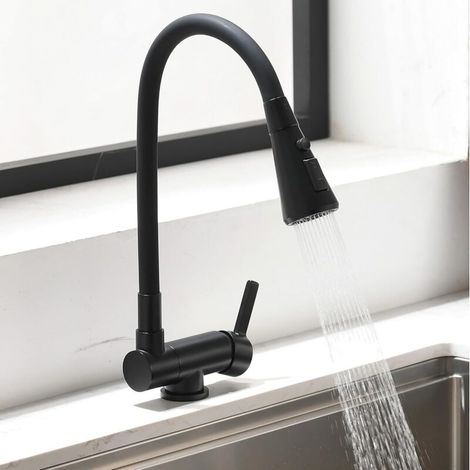 Robinet Cuisine Rabattable,mitigeur Cuisine Rabattable,3 Modes De Pulvérisation D'eau,Cuisine Sous Fenêtre Pliable Bec Orientable 360° Mitigeur Evier En Laiton (noir) (1/5)