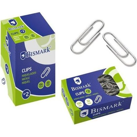 CAJA 100 CLIPS LABIADOS NIQUELADOS PUNTA REDONDA Nº 2 DE 32 MM. BISMARK 316865