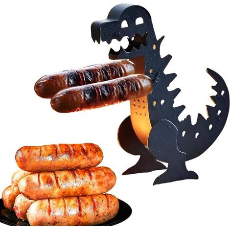 Parrilla portátil para perritos calientes con forma de dinosaurio, ideal para barbacoas en casa, camping o fiestas.