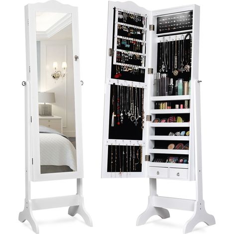 Armadio portagioie con 14 luci LED, Armadio per gioielli con specchio a figura intera, Bianco (1/4)