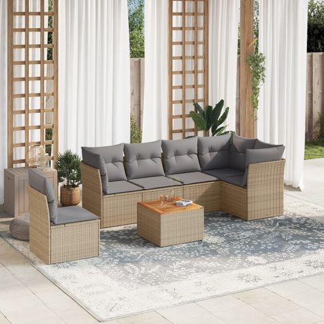 Set sofás de jardín 7 piezas y cojines ratán sintético beige vidaXL (1/3)