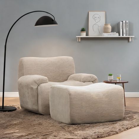 Fauteuil chenille avec pouf beige-toned monté et prêt à l'emploi (1/5)