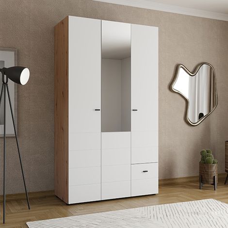 Guardarropa 3 Puertas Serram, Armario Dormitorio con Perchero, un Cajón, 4 Estantes, 117x52 cm Blanco Mate (1/5)