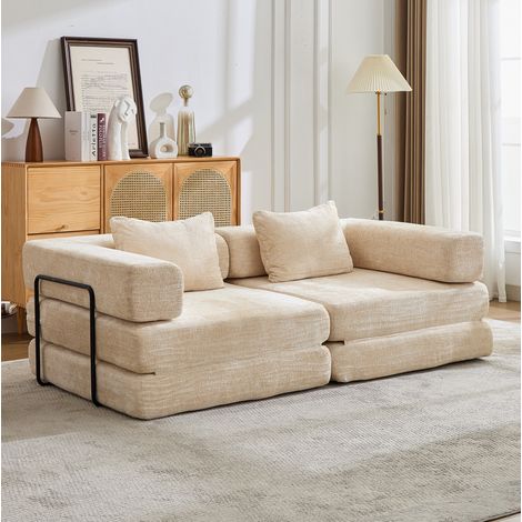 Canapé-lit pliable modulable 2 places en chenille beige, sans montage, MODENUIT (1/5)