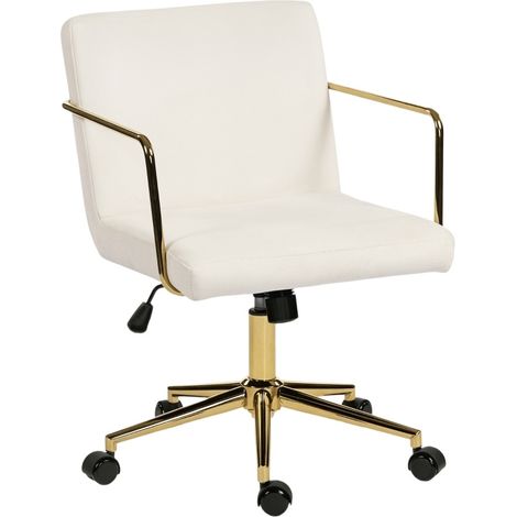 Fauteuil de bureau roulant en tissu velours crème avec accoudoirs dorés et base métal (1/5)