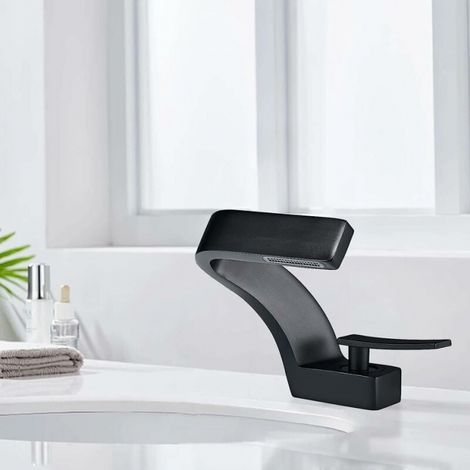 Schwarzer Badezimmerhahn, moderner Wasserfall-Waschtischhahn, Warm- und Kaltwasseranschluss