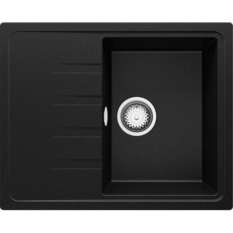 PRIMAGRAN Evier Cuisine en Granit 62x50cm, Lavabo 1 bac + Kit de Vidage, Évier à Encastrer au meuble 40cm - Milan, Noir Métallisé