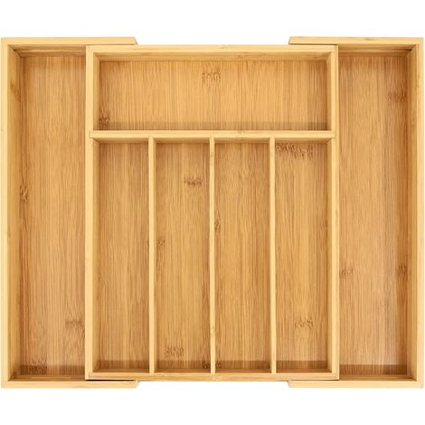Bamboo Expandable Drawer Cutlery Tray Adjustable Kitchen Drawer Organiser Drawer Divider Space Saving Utensil Holder 5 to 7 Compartments (1/5)