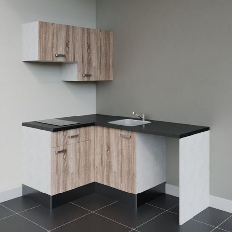 Kitchenette d'angle KA02L-PT avec plan de travail et évier - Façade Bois - Plan Noir texturé - Evier Inox - Crédences Non (1/5)