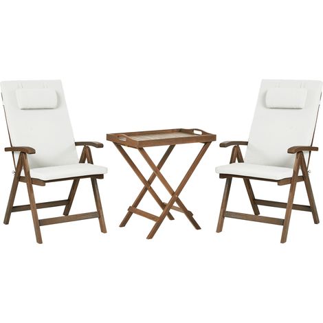 Conjunto de balcón rústico de acacia maciza natural mesa y 2 sillas plegables con cojines blanco crema Amantea Premium