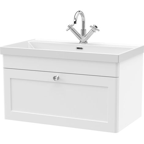 Swynnerton Traditional 1 Drawer Wall Hung Vanity Unit with Thin Edge Basin, Satin White, 800mm