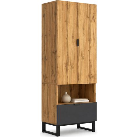 Armoire penderie avec étagères réglables, niche ouverte, tiroir et barre de penderie, meuble d’entrée compact en panneau de particules, noir et bois clair CHICFURN (1/5)