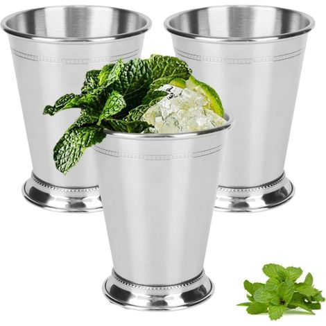 JeiibrZui Lot de 3 tasses à Mint Julep en acier inoxydable - 400 ml - Métal incassable pour cocktails et accessoires de bar - Argent (1/5)