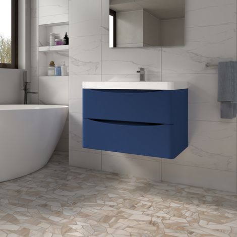 Vanity Unit with Basin Sink Bathroom Wall Hung Two Drawers Furniture 800mm Blue (1/5)