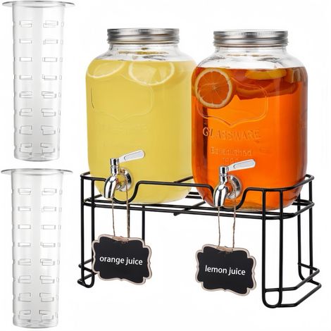 Lot de 2 distributeurs de boissons en verre de 4 L avec support, distributeur de boissons, distributeur de jus d'eau en verre avec robinet pour jus glacés, eau, boissons faites maison, fêtes (1/5)