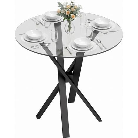 HOMCOM Round Dining Table, 80cm Kitchen Table w/ Tempered Glass Top, Clear (1/5)